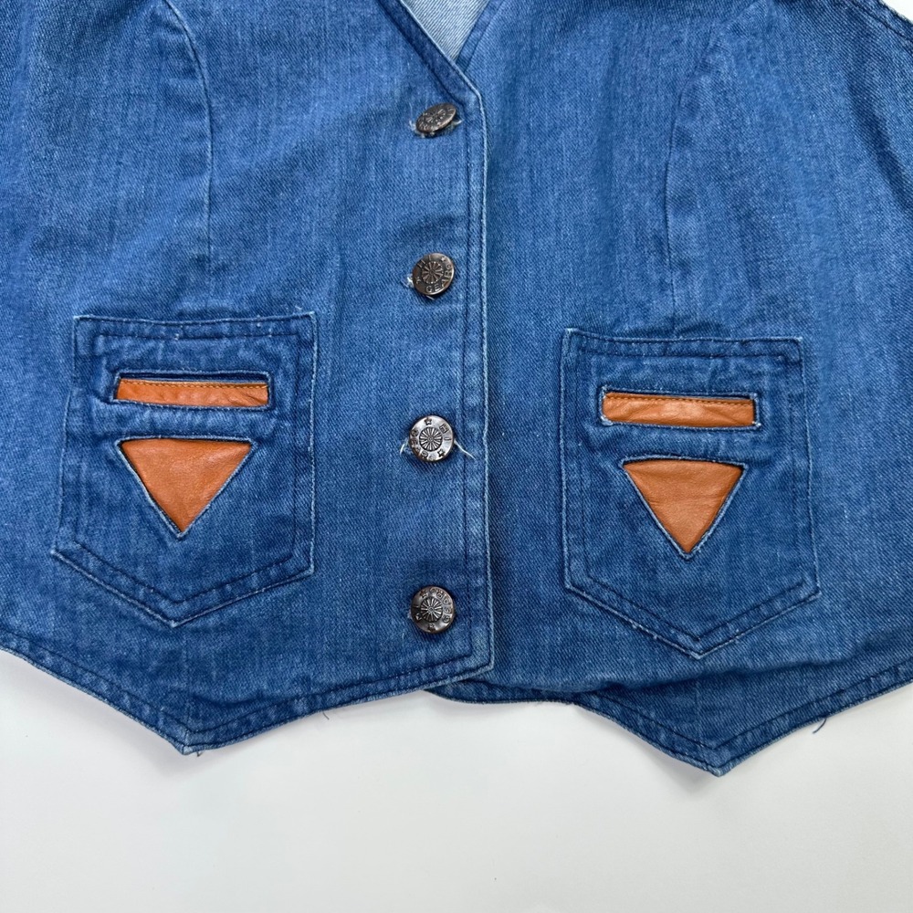 Vintage 90s Hi Gear Denim Vest Womens L Blue Jean Western Leather Accent - Picture 2 of 7